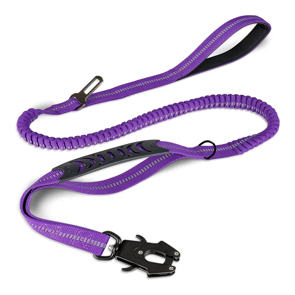 Reflective shock absorbing Dog Leash with Car Seat Belt Clip