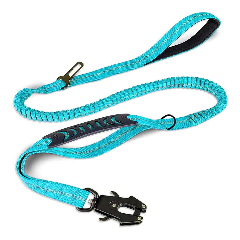 Reflective shock absorbing Dog Leash with Car Seat Belt Clip
