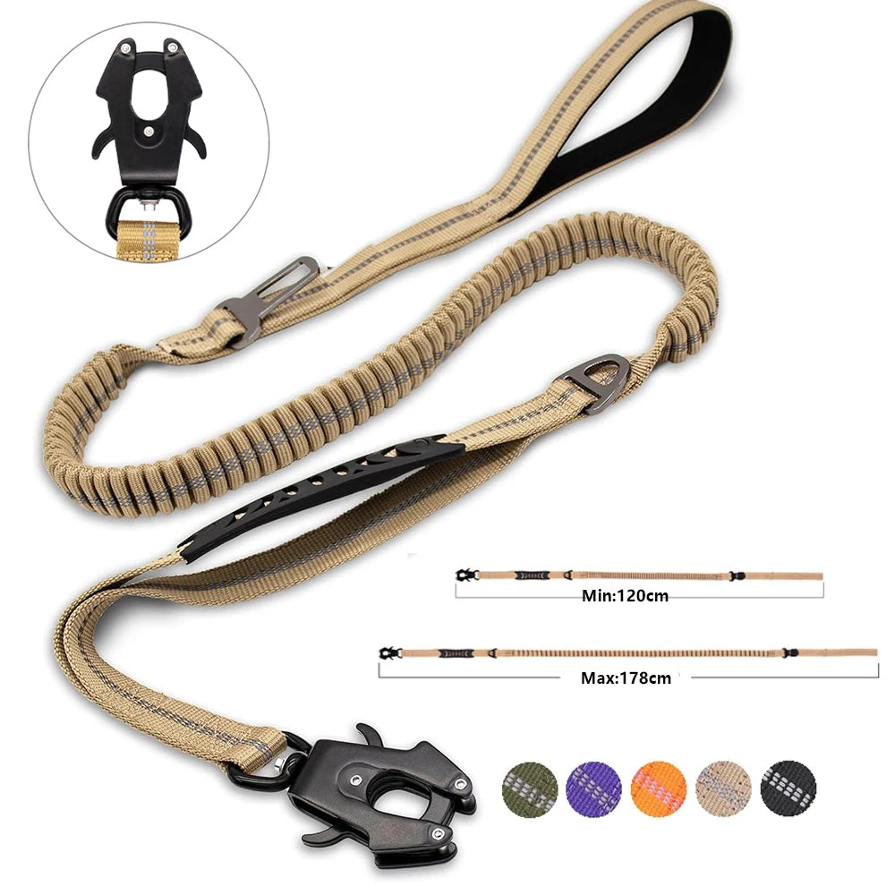 Tactical Reflective Bungee Dog Leash with Car Seatbelt Clip